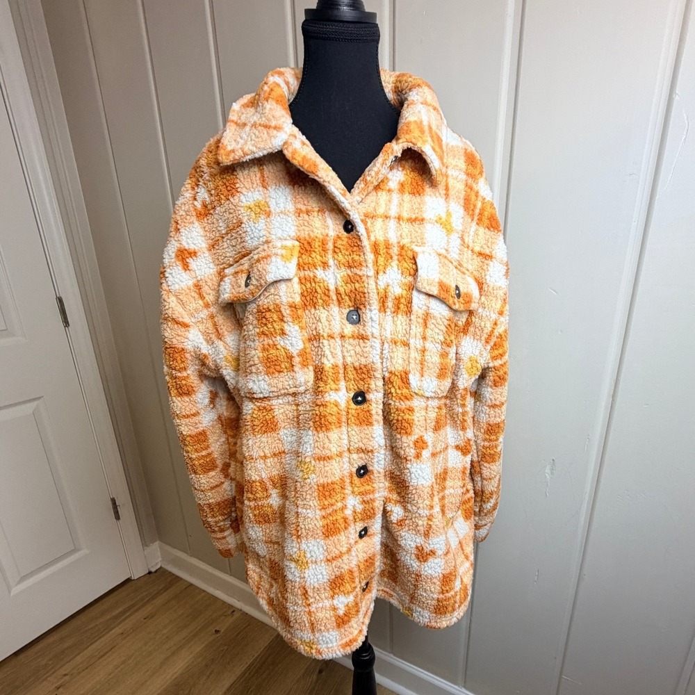 Disney Mickey Mouse Orange Plaid Sherpa Fleece Shacket Jacket XL